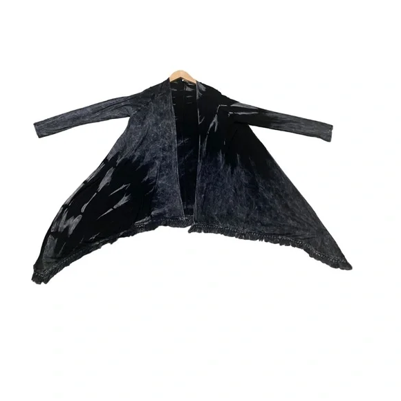 American Age Open Front Boho Fringe Acid Wash Black Tie Dye Cardigan Sz Small - Picture 12 of 16